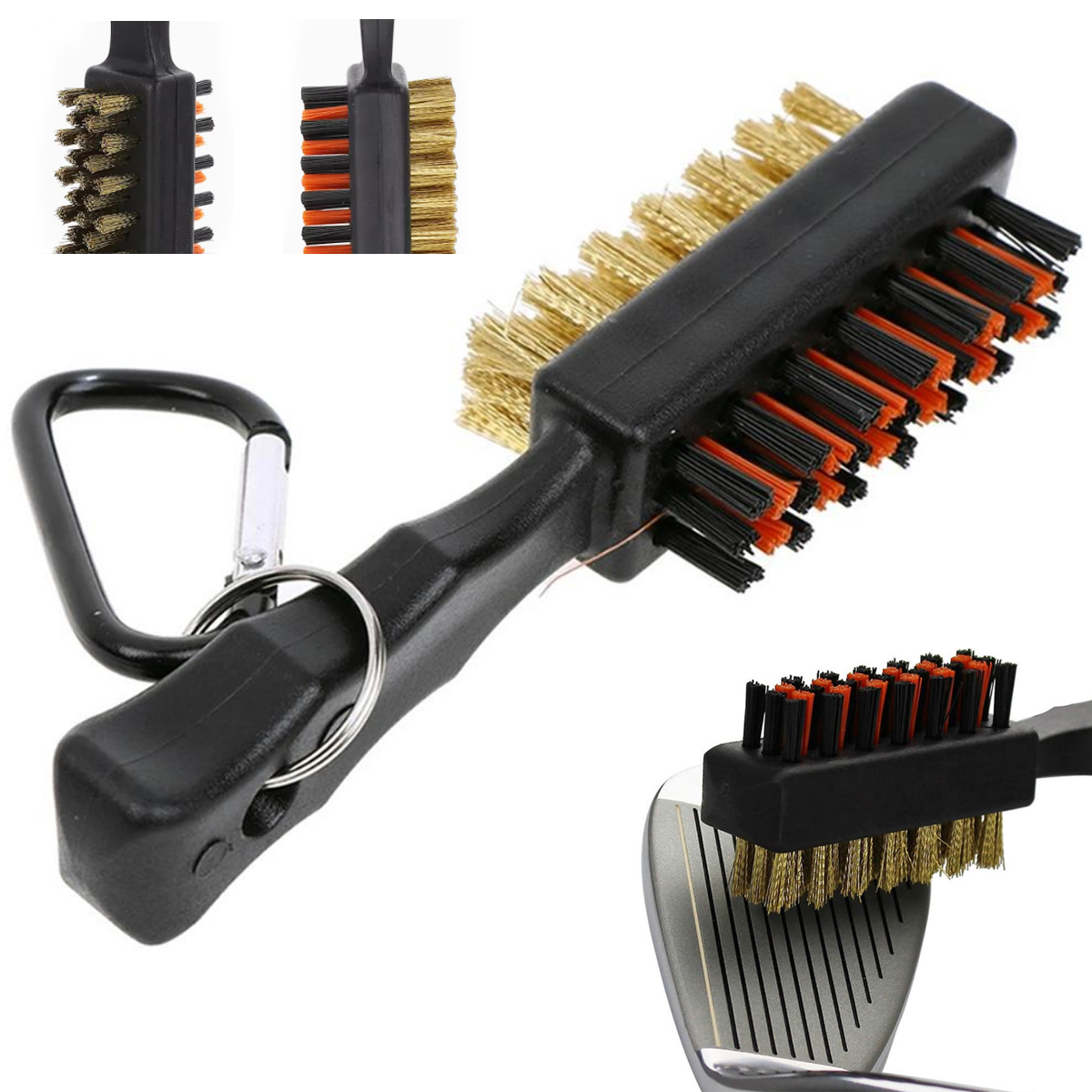 Dual-Sided Golf Club Brush with Carabiner Clip