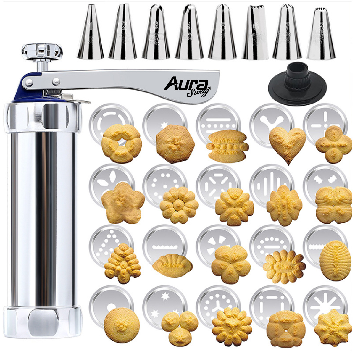 Aluminum Cookie Press Kit W/ 20 Discs and Decorating Nozzles