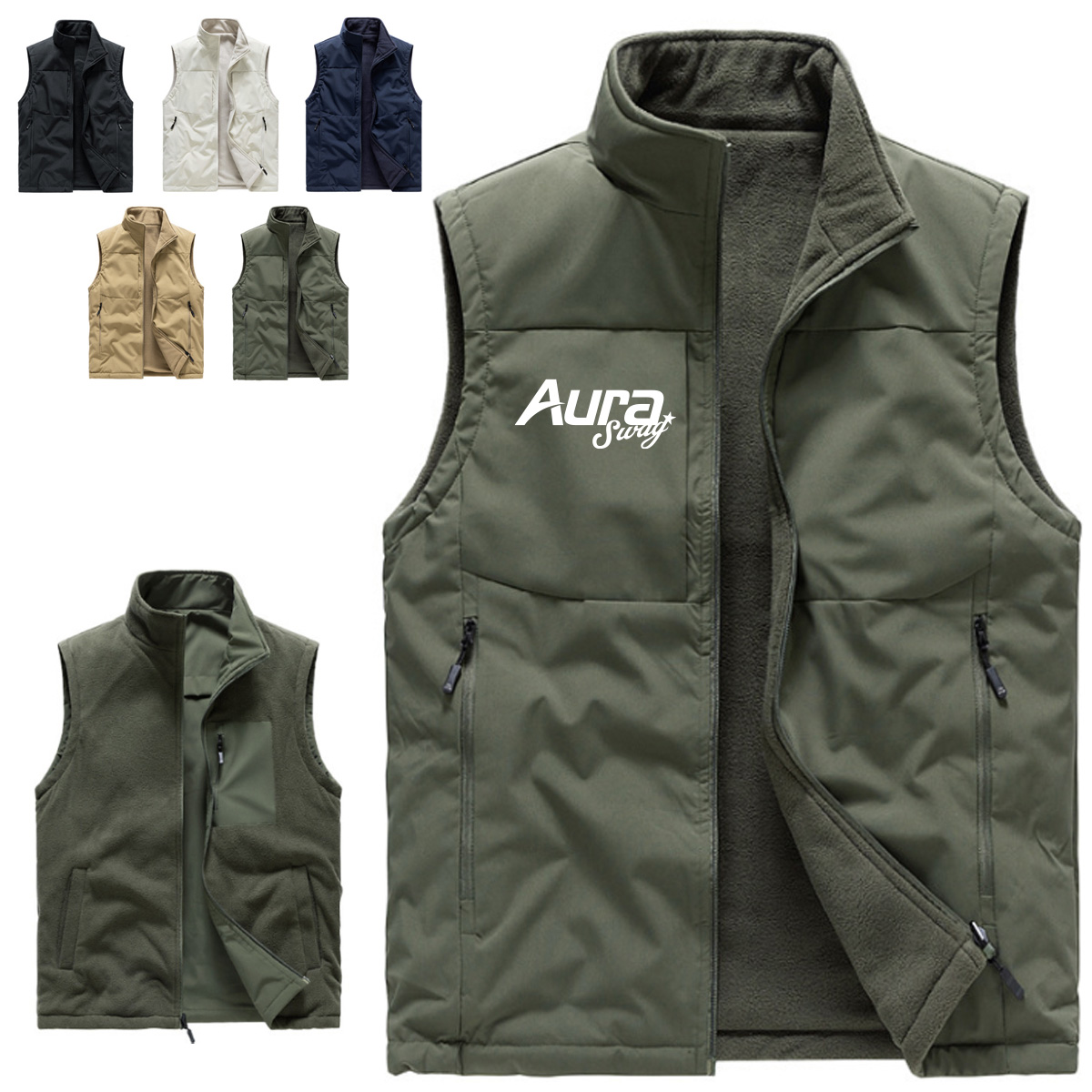 Insulated Work Vest with High Collar and Multiple Pockets