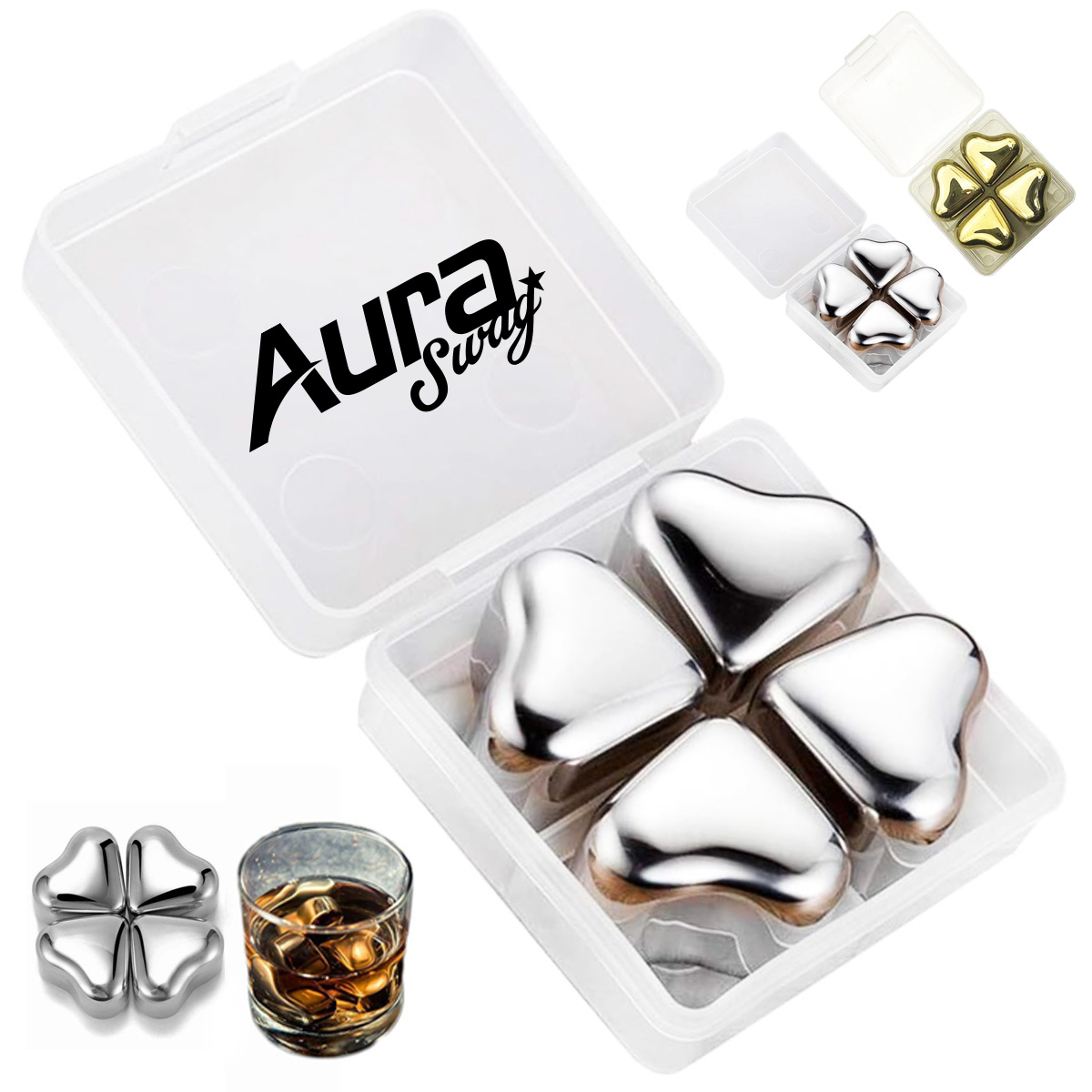 Heart Shaped Stainless Steel Ice Cubes with Case