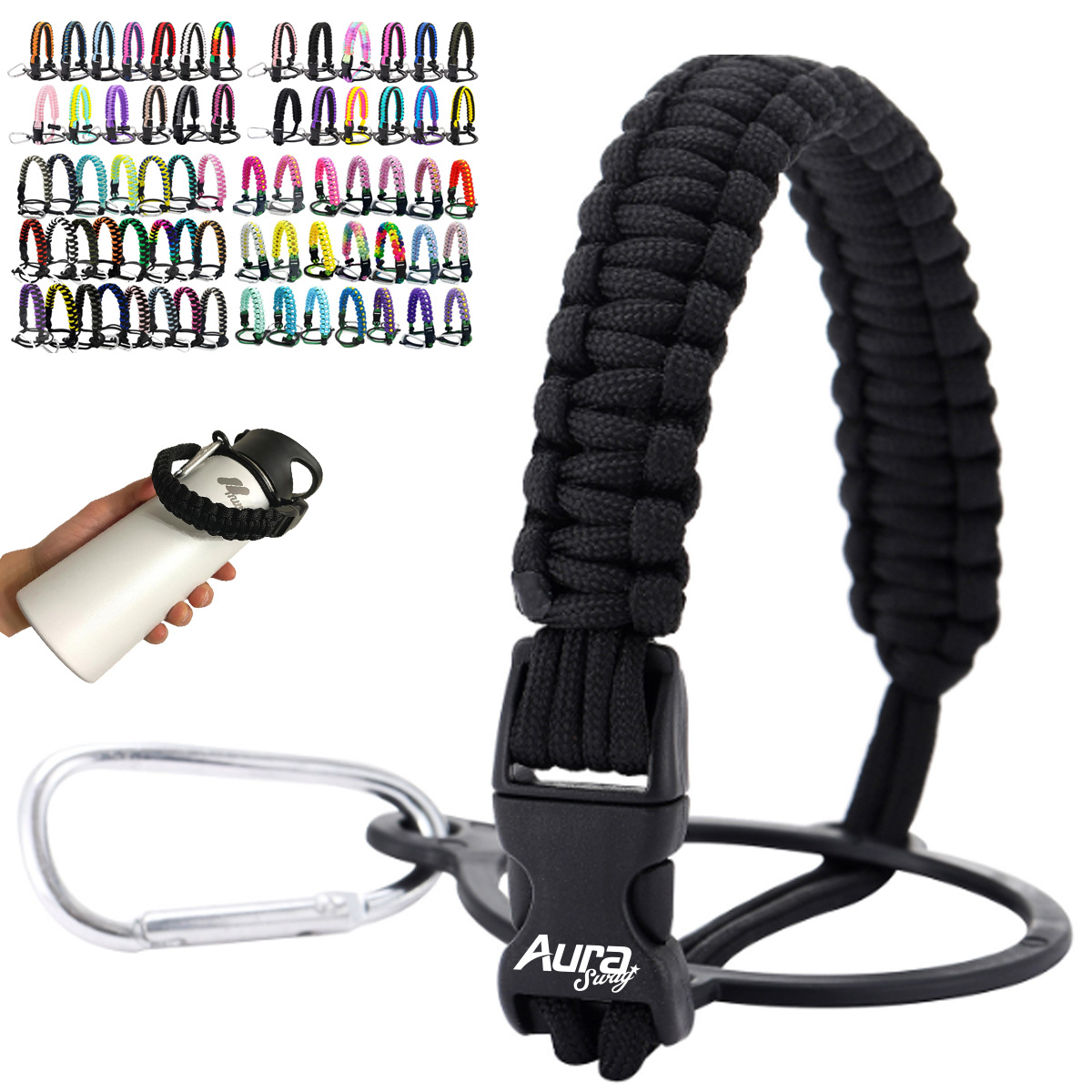 Paracord Water Bottle Handle with Carabiner Clip
