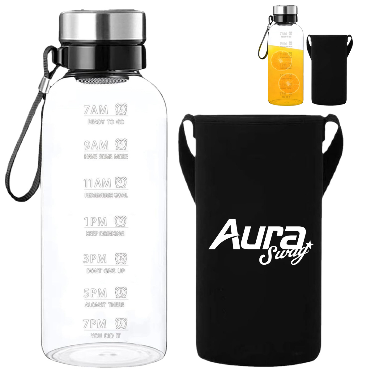 64oz. Glass Water Bottle with Time Marker and Strap
