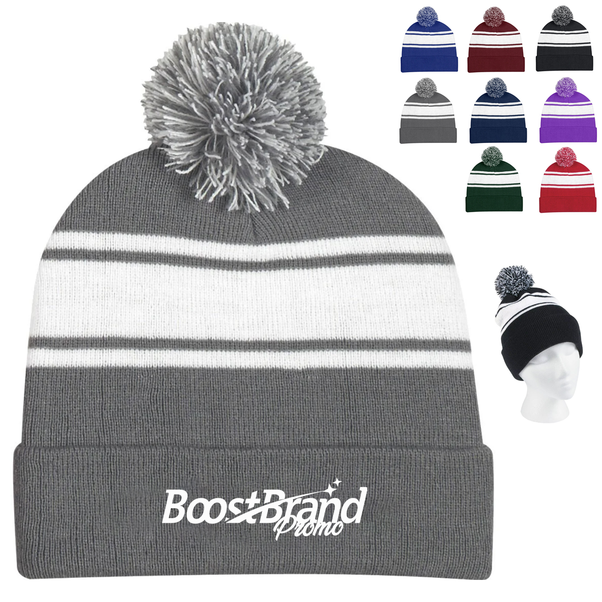 Striped Pom-Pom Knit Beanie with Fold-Up Cuff