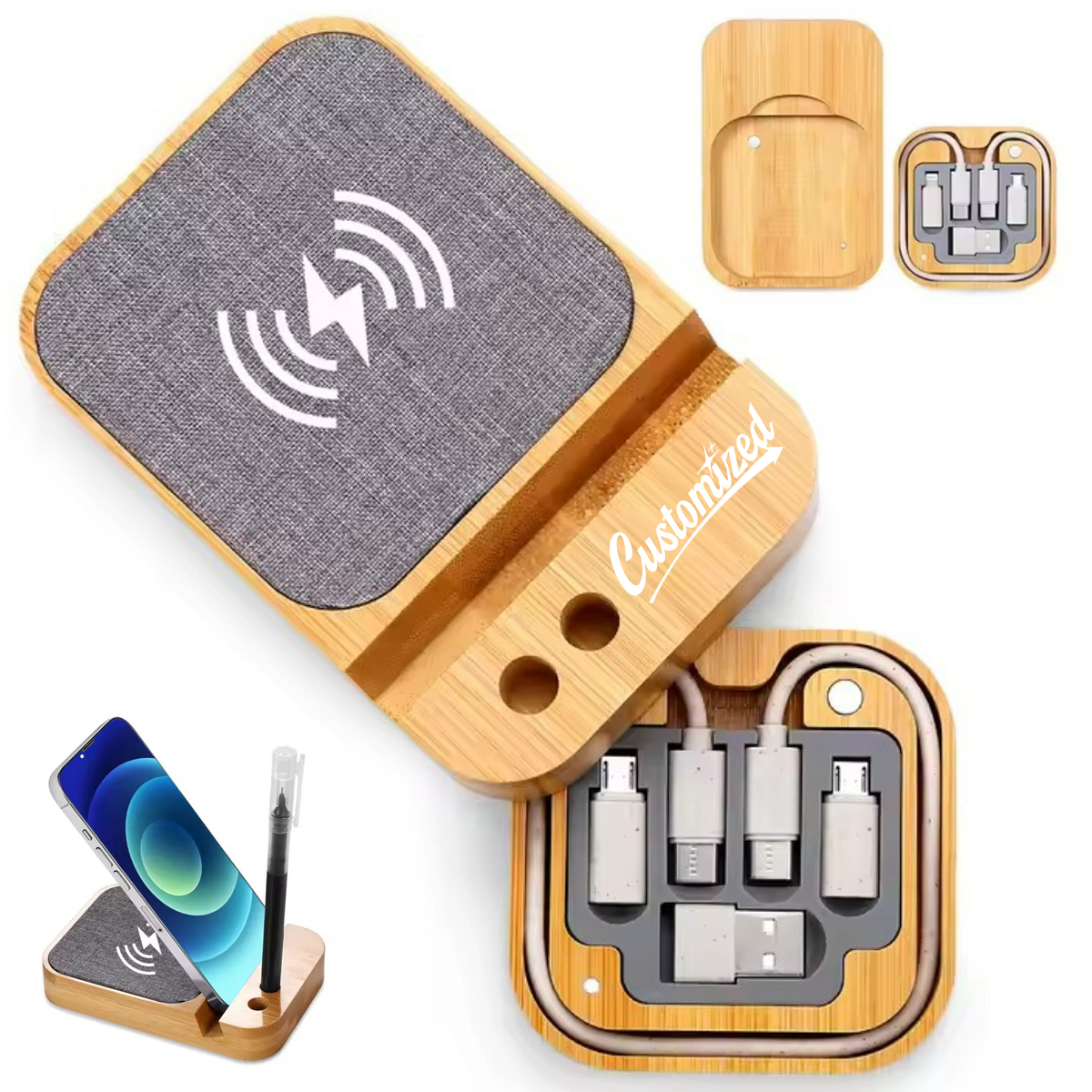 Bamboo Wireless Charging Phone Stand with Pen Holder