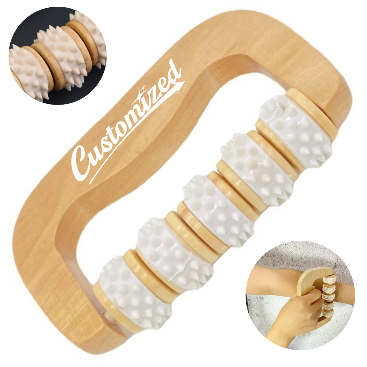 Wooden Handheld Roller Massager with Textured Wheels