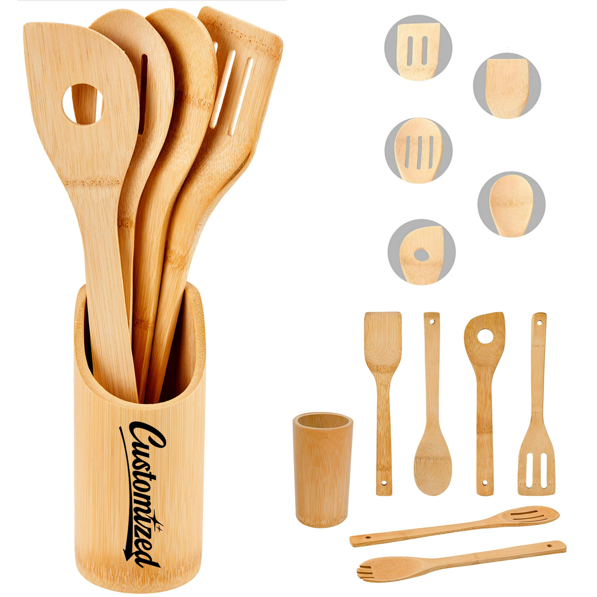 8 Piece Bamboo Cooking Utensil Set with Holder & Tongs