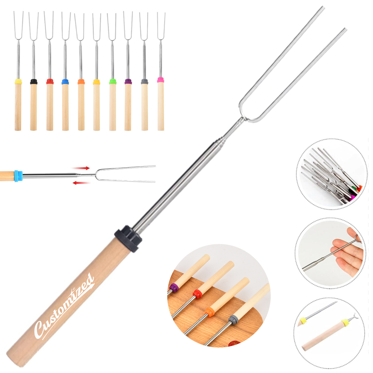 5 Extendable Wood BBQ Skewers Marshmallow Roasting Sticks