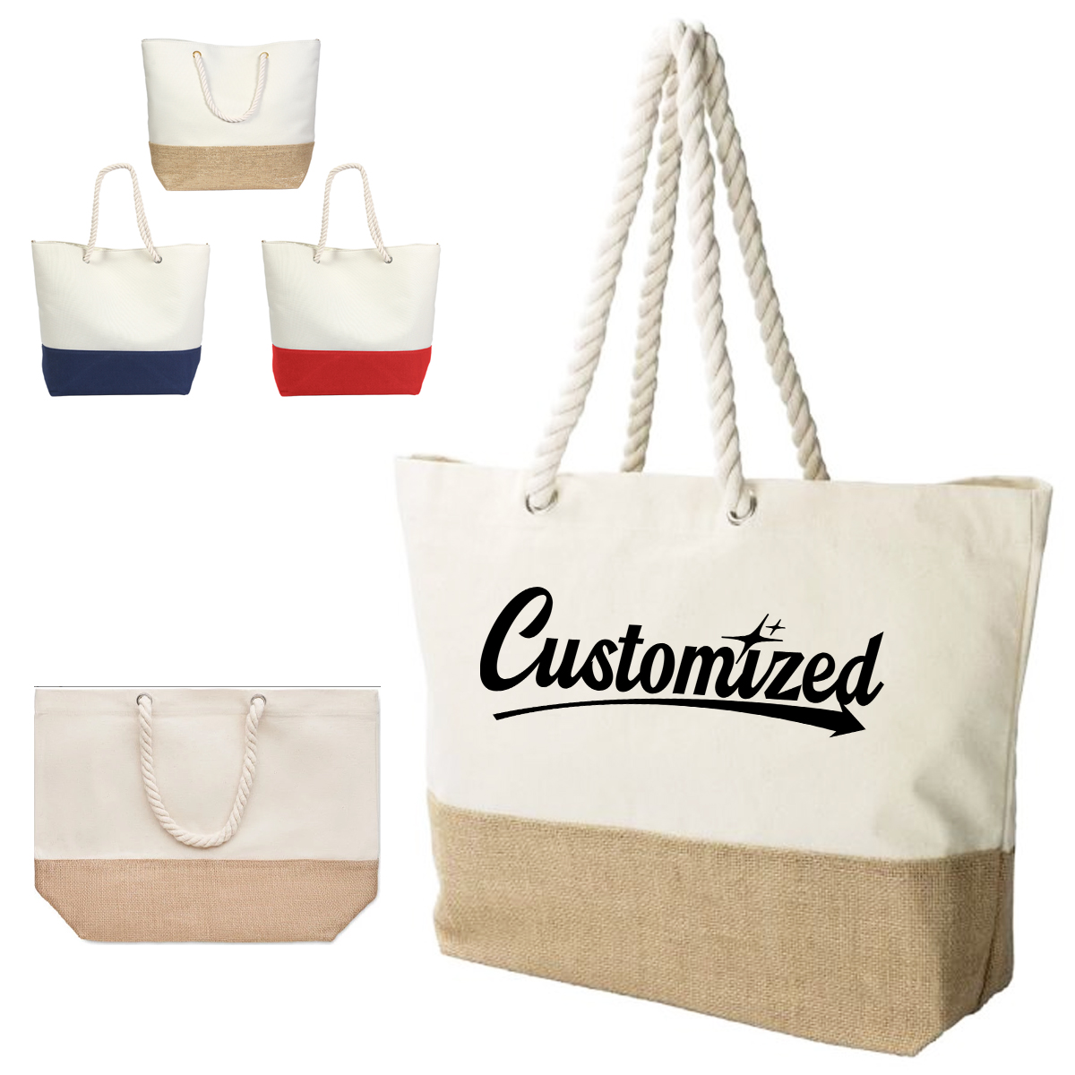 Canvas Jute Beach Grocery Tote Bag with Rope Handles