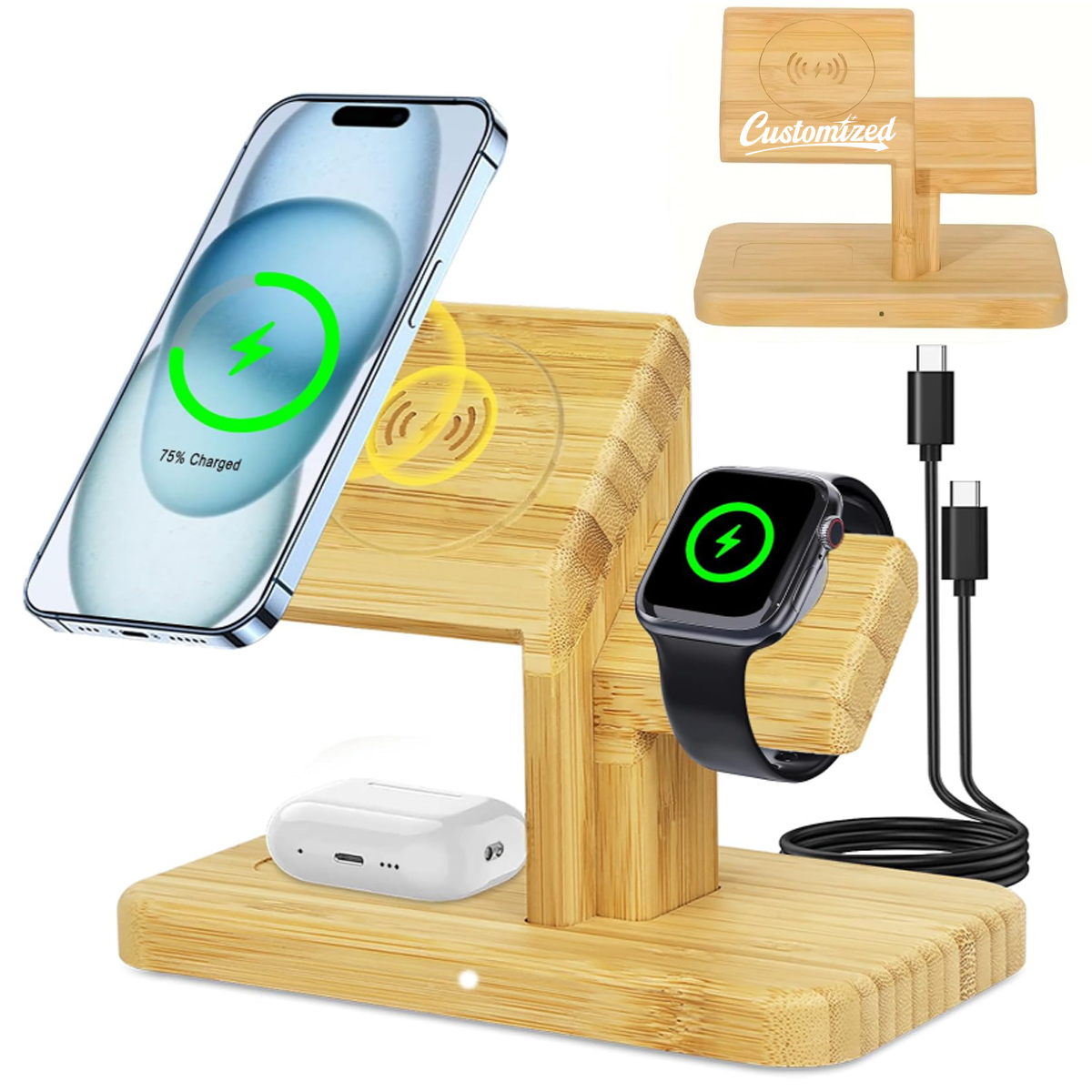 Bamboo Wireless Charging Stand for Phone Watch and Earbuds