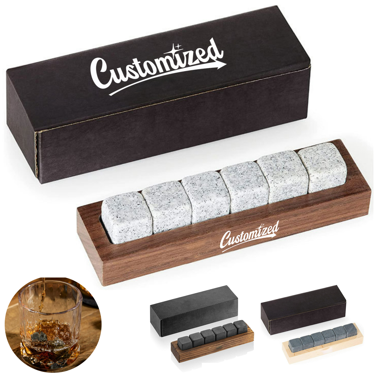 Whiskey Chilling Stones Gift Set W/ Wooden Tray and Gift Box