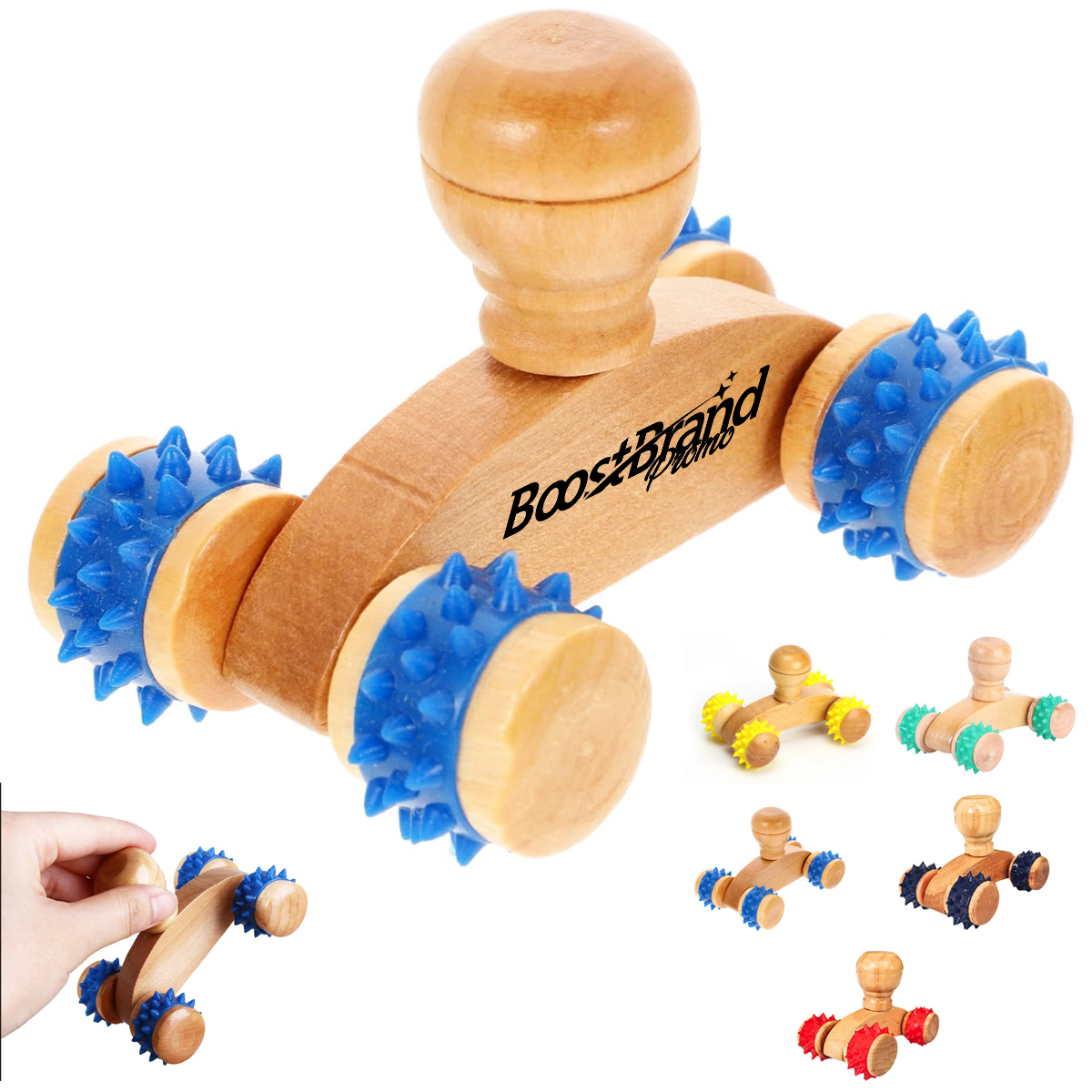 Wooden Handheld Massage Roller with Spiked Wheels