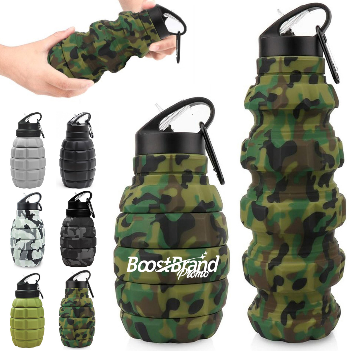 20oz. Collapsible Camo Silicone Water Bottle with Carabiner