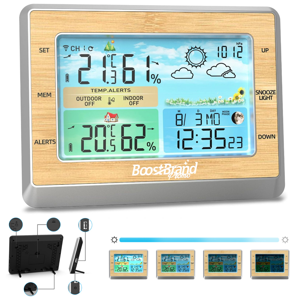Eco-Friendly Bamboo Multifunction Weather Station Clock