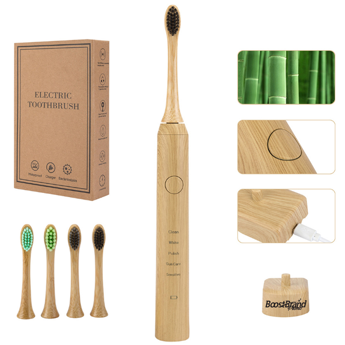 Eco-Friendly Bamboo Electric Toothbrush w/ Charcoal Bristles