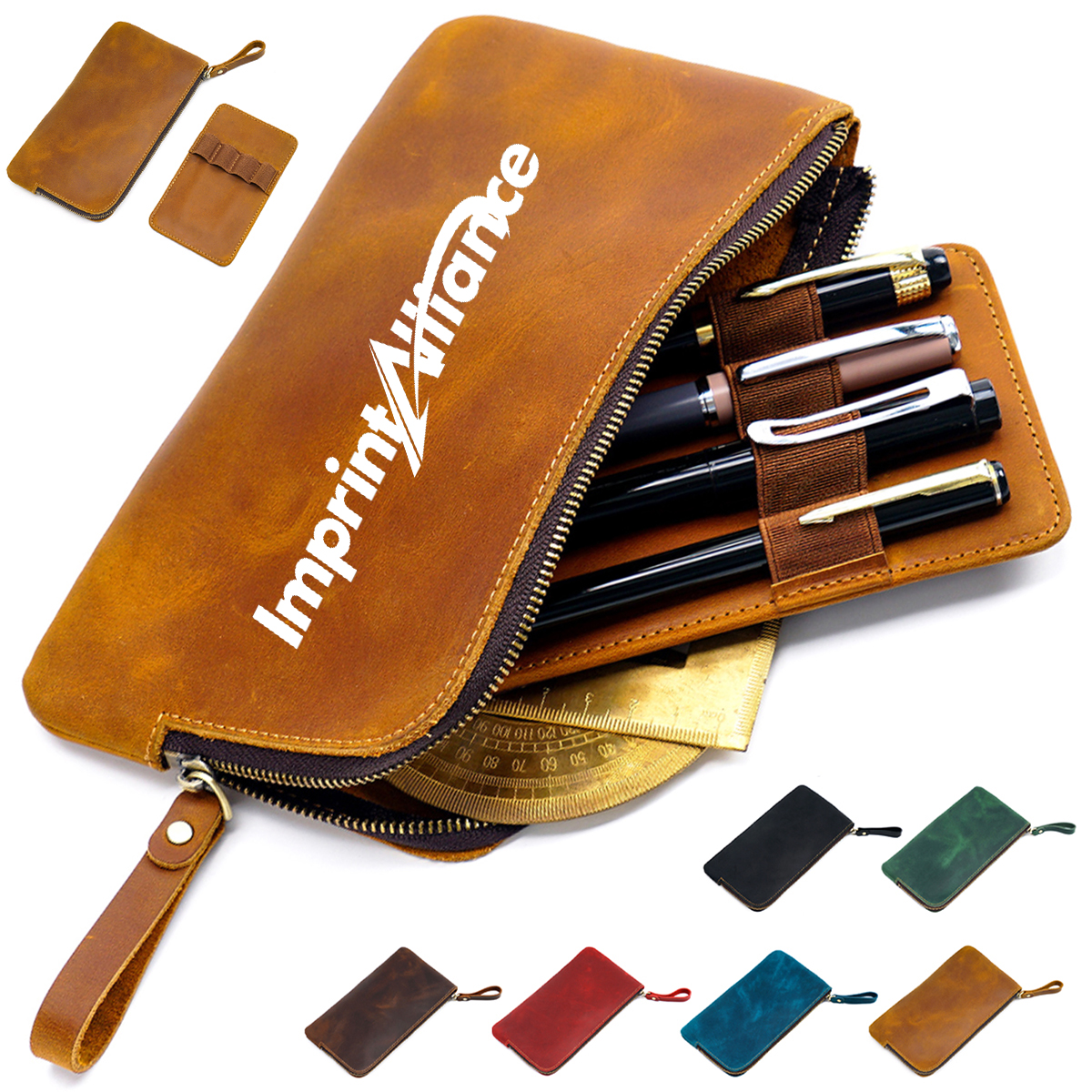 Vintage Leather Pen Case with Zipper Closure