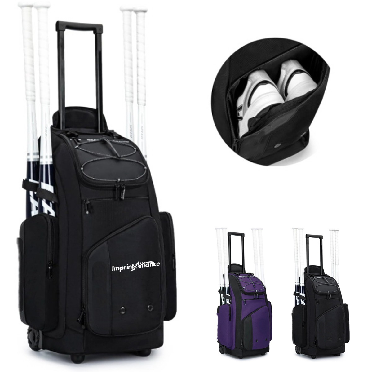 Rolling Baseball Bag with Dual Bat Holders and Wheels