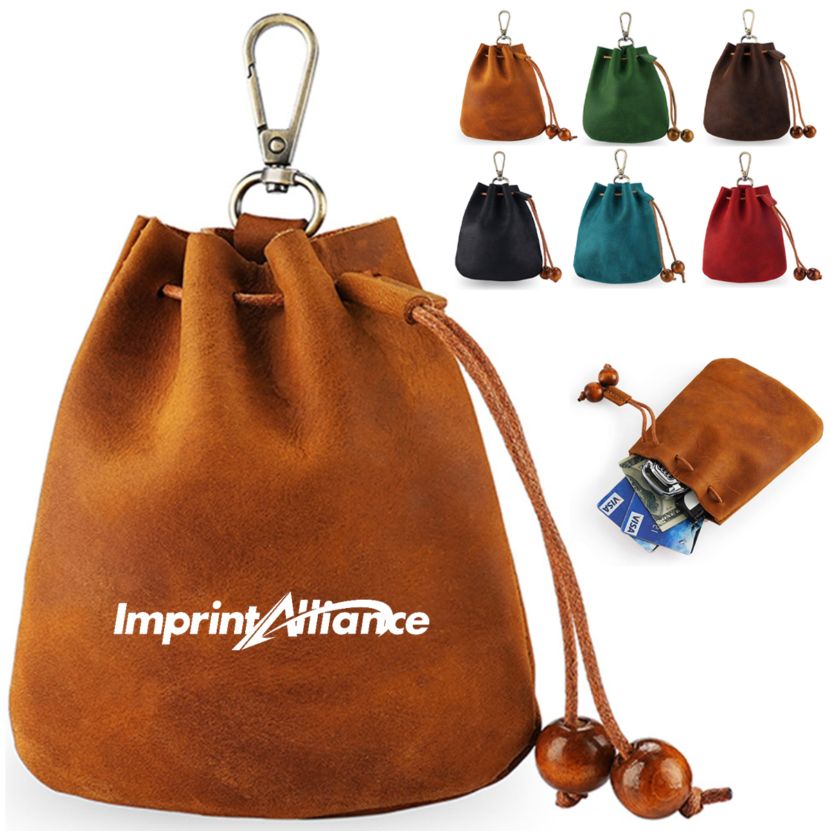 Leather Drawstring Pouch with Keychain Clip for Small Items