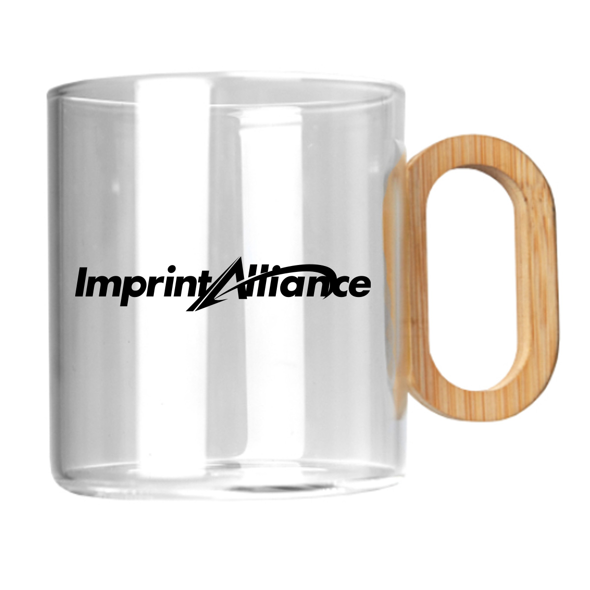 11 oz. Clear Glass Mug with Bamboo Handle and Logo