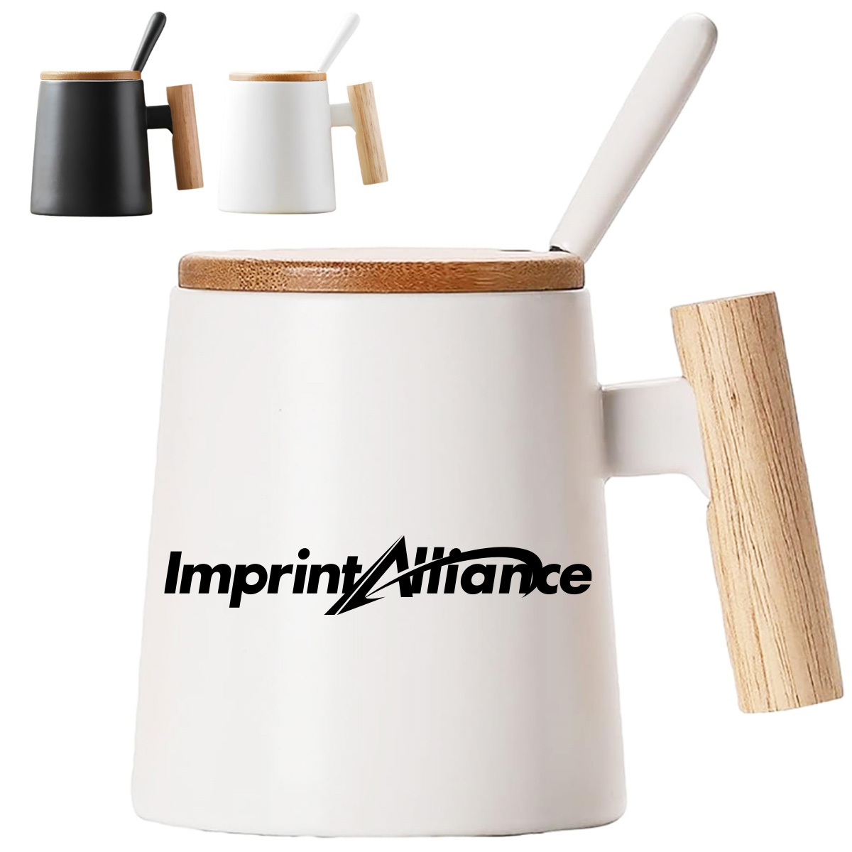 14 oz. Ceramic Mug with Wooden Handle, Lid and Spoon