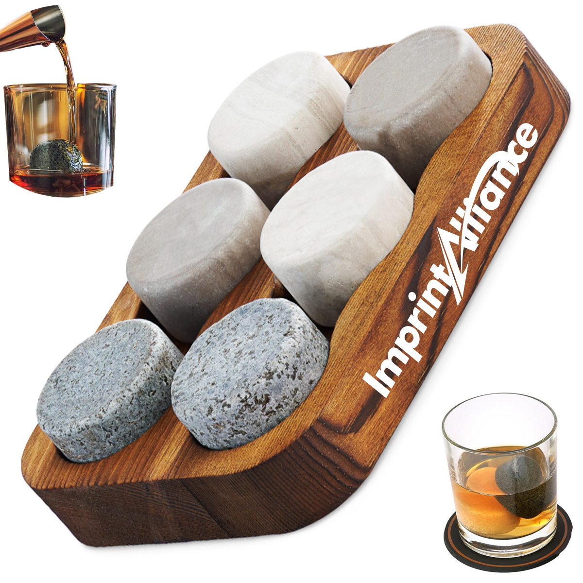 Whiskey Stone Gift Set with Wooden Tray and Custom Logo