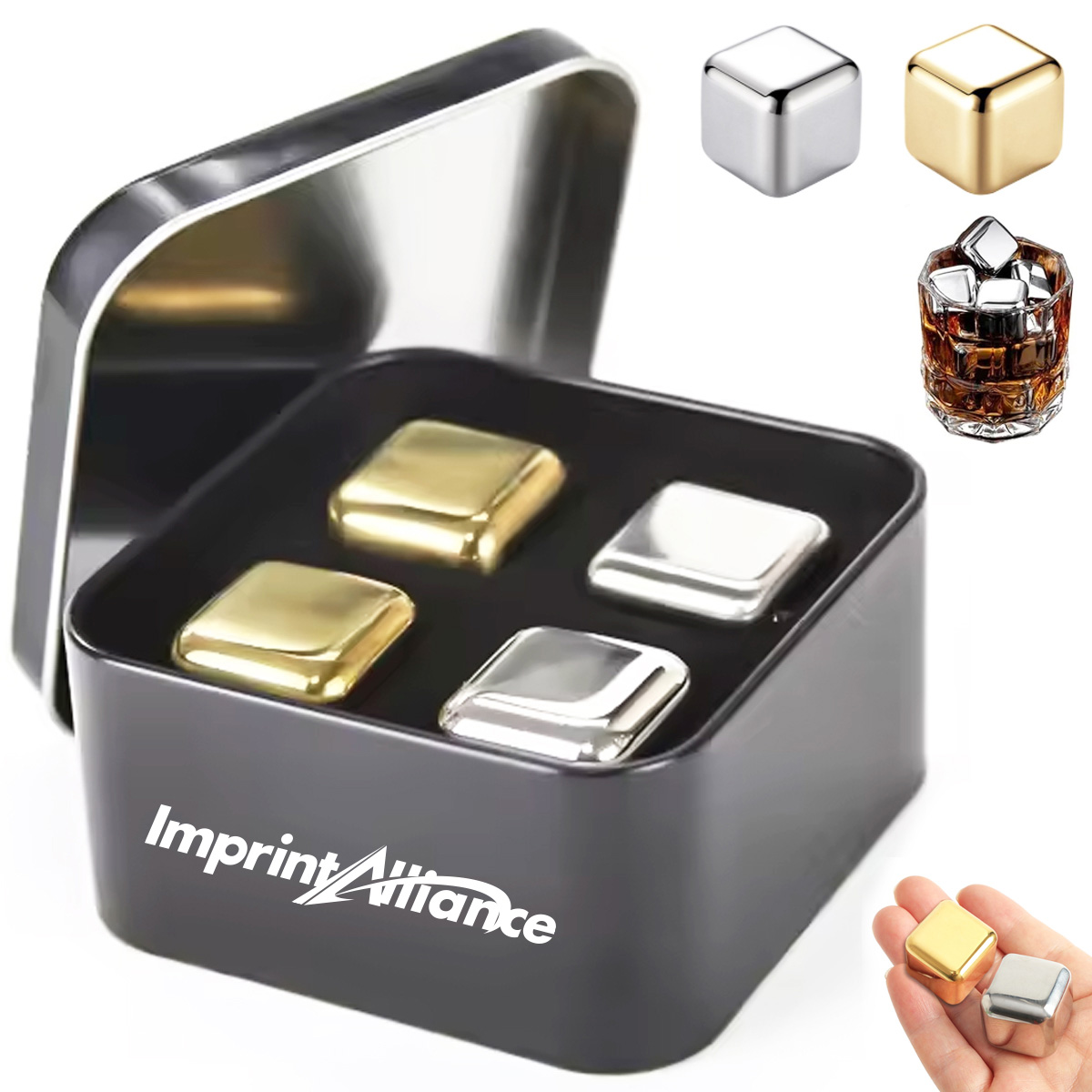 Stainless Steel Whiskey Stones Set in Metal Box with Logo