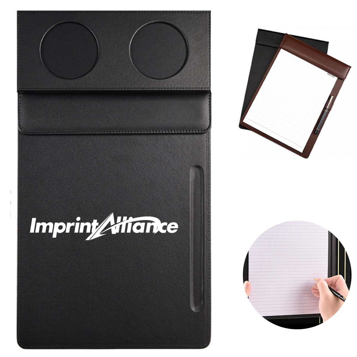 A4 PU Leather Conference Pad w/ Dual Cup Holders & Pen Slot