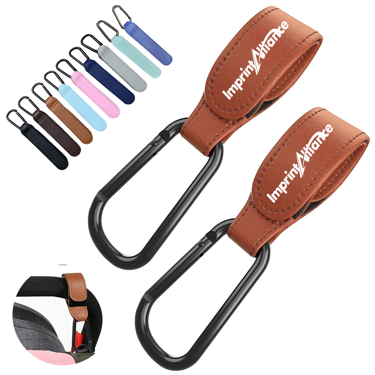 PU Leather Stroller Hook With Heavy Duty Carabiner Clip
