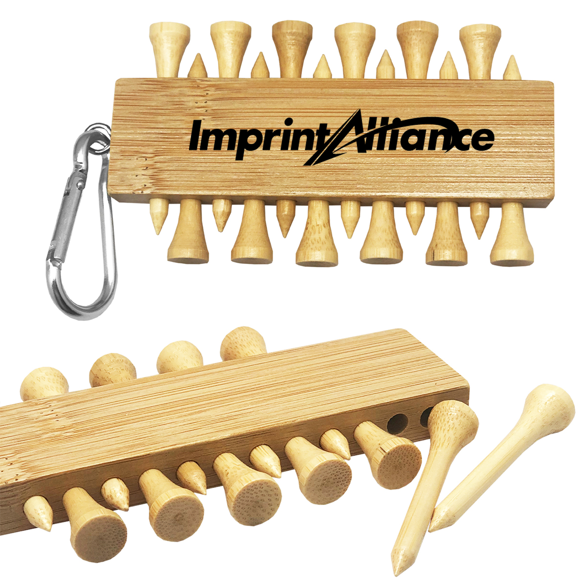 Bamboo Golf Tee Holder Caddy With Carabiner Clip