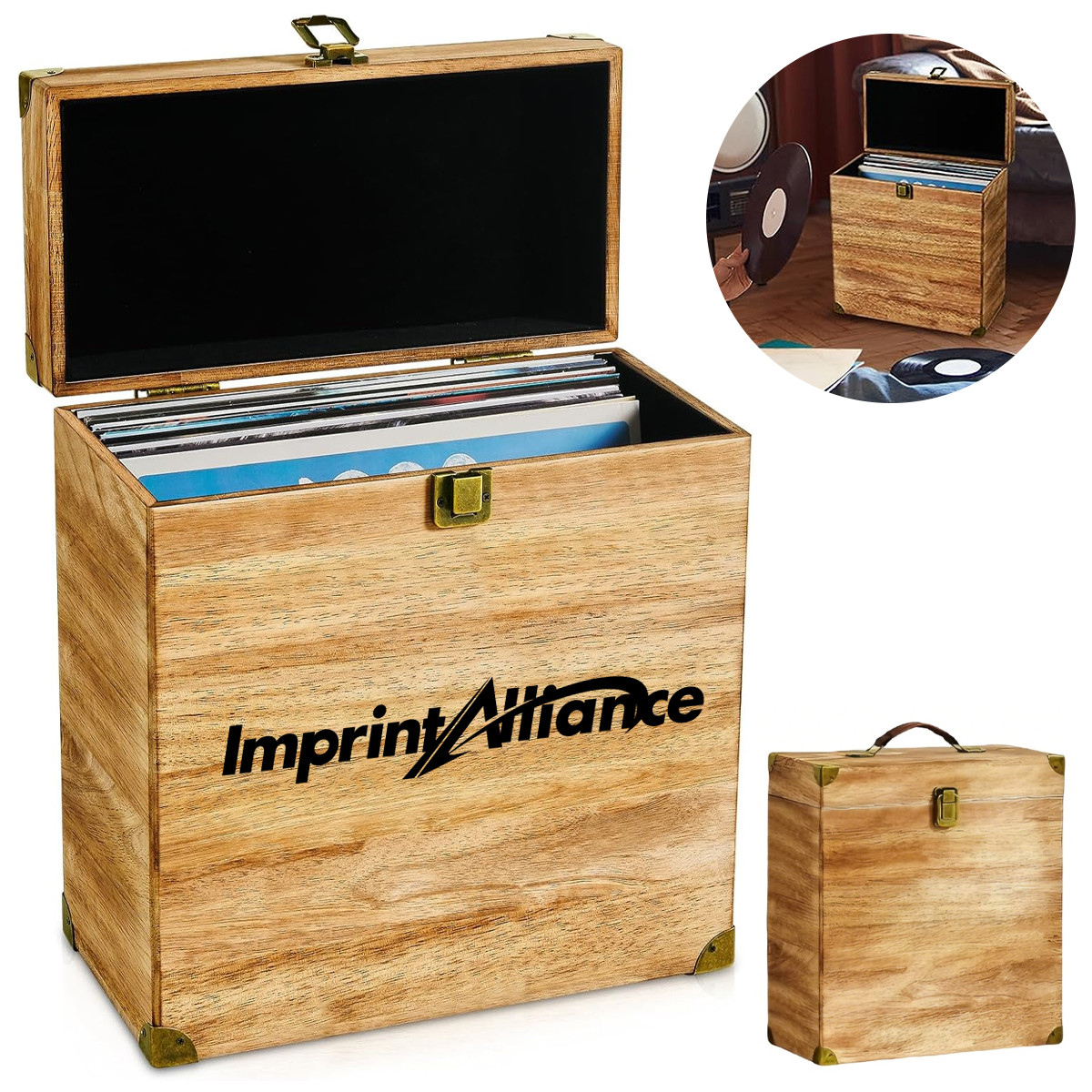 Vintage Wooden Vinyl Record Storage Crate with Lid
