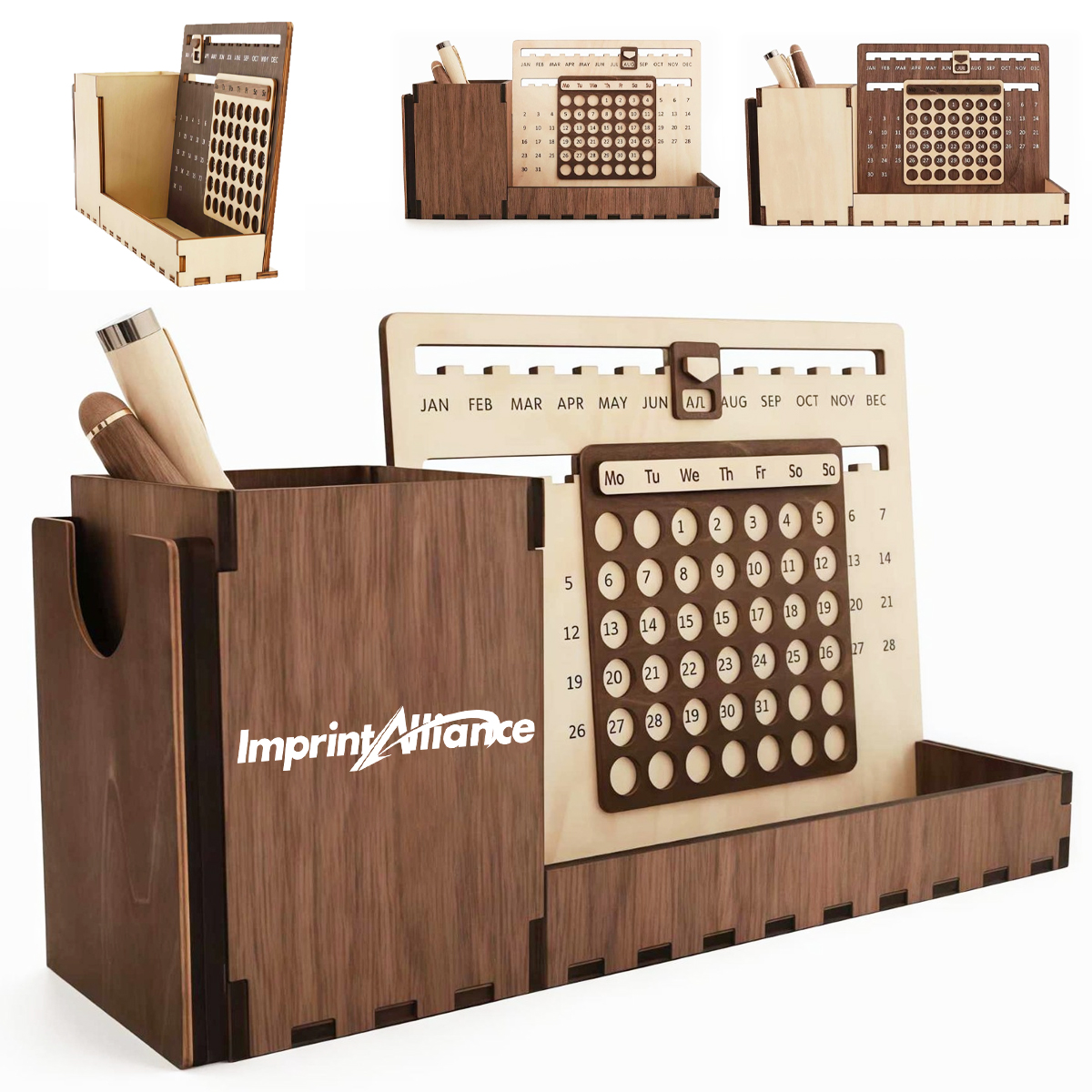 Creative Wooden Perpetual Calendar Desk Organizer&Pen Holder