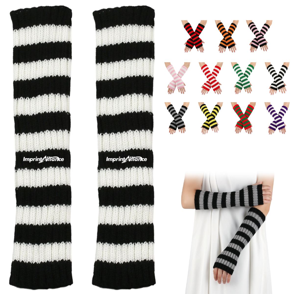 Striped Knitted Fingerless Arm Warmers Long Sleeve Gloves