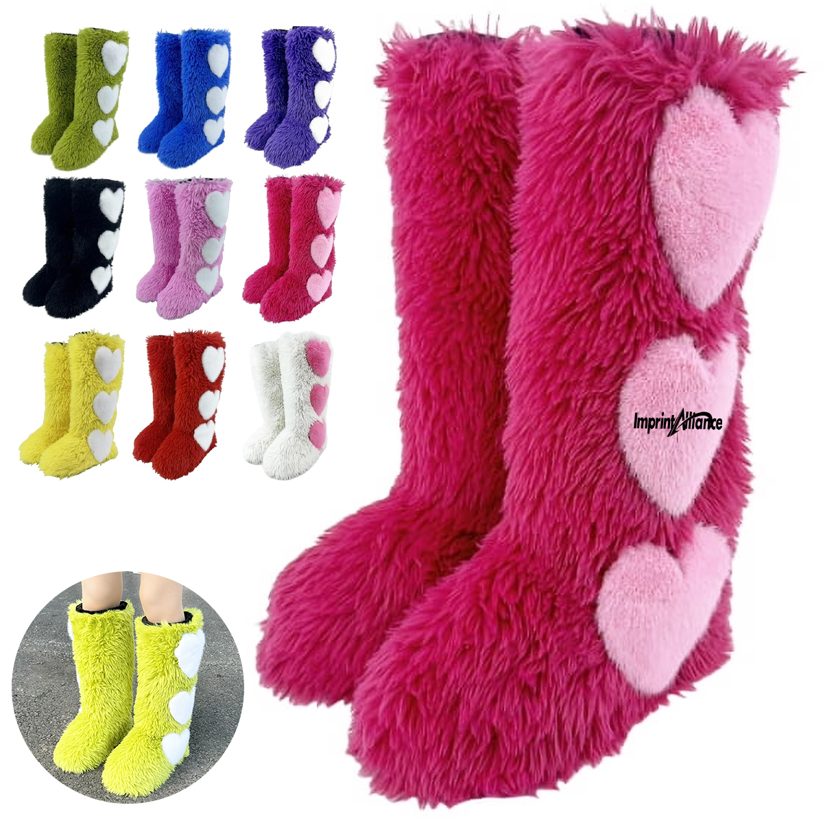 Trendy Fluffy Faux Fur Heart Patch Knee High Snow Boots