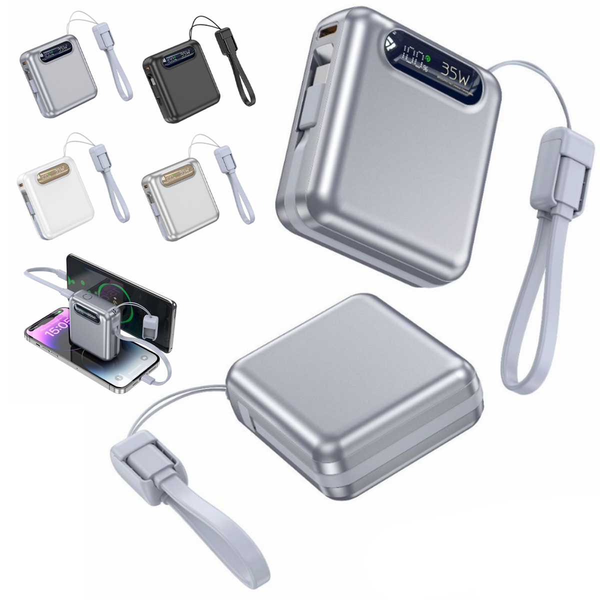 35W 10000mAh Power Bank with Built-in Cable and LED Display