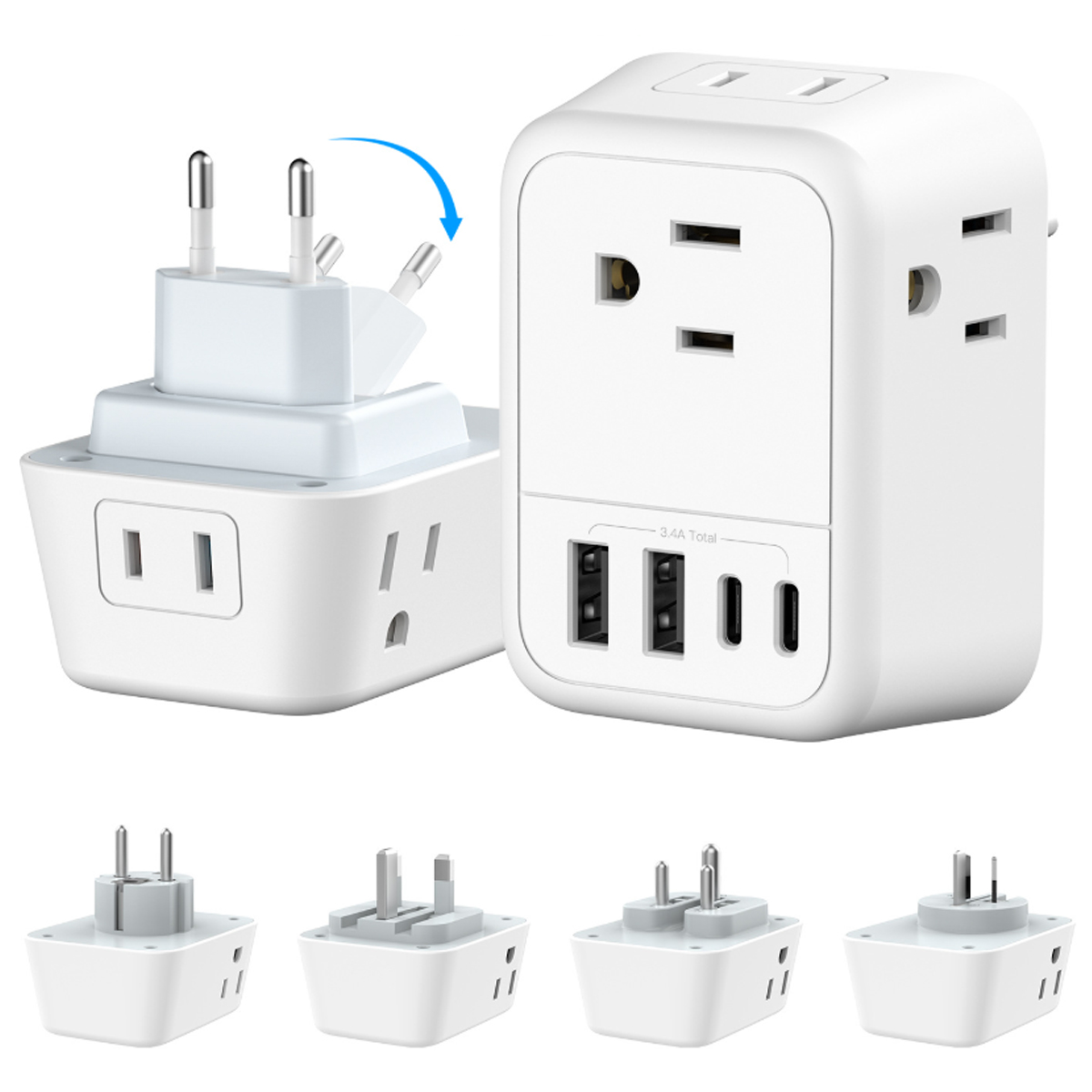 Foldable Universal Power Adapter with USB and Type-C Ports