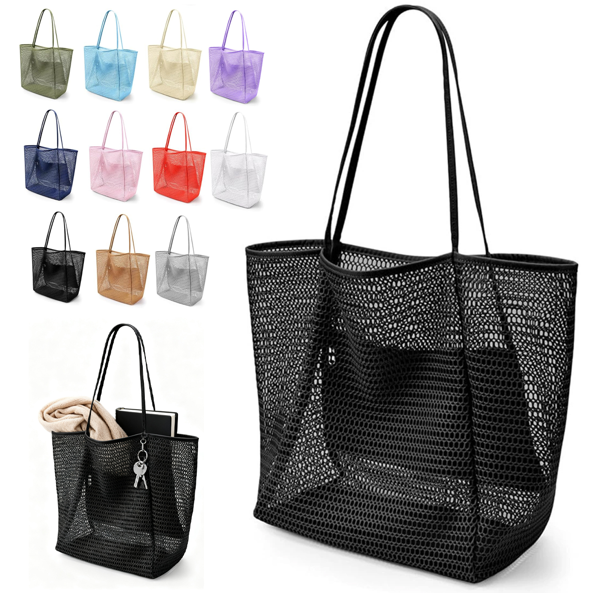 Large Reusable Mesh Beach Tote Bag With Inner Privacy Pocket