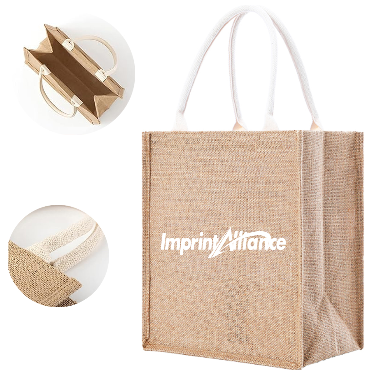 Natural Jute Burlap A4 Tote Bag W/ White Cotton Rope Handles