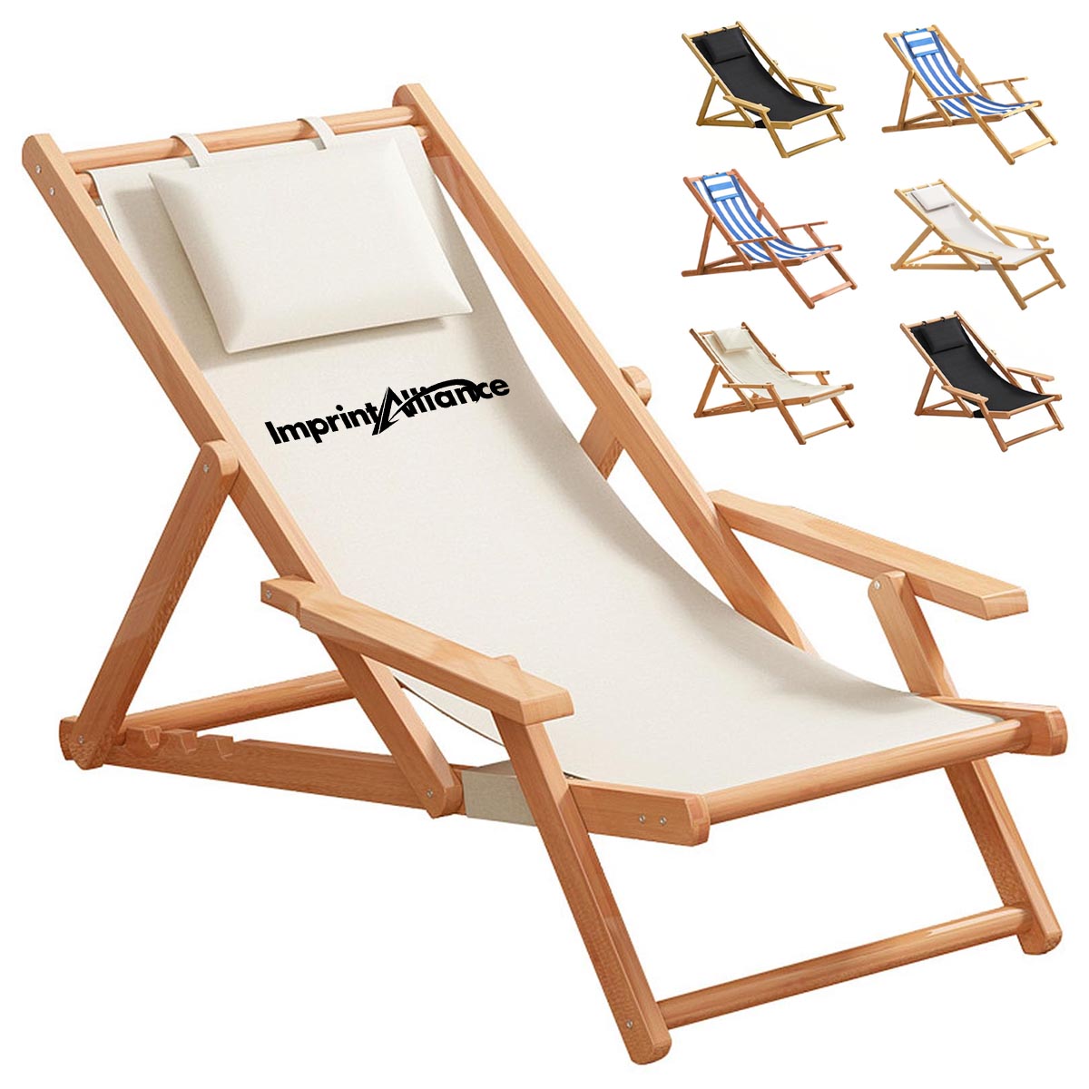 Foldable Wooden Beach Chair with Armrests and Head Pillow
